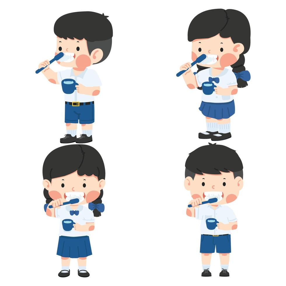 Set of cartoons showing a boy and girl brushing their clean teeth vector