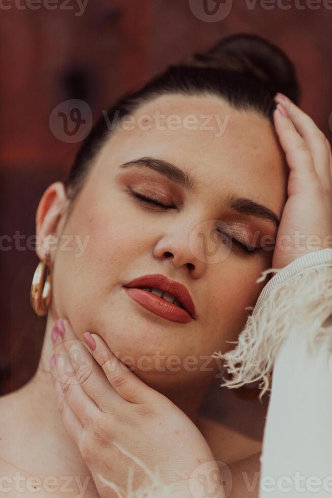 A close-up, unretouched portrait of a naturally beautiful young woman showcasing her authentic and unaltered facial features, capturing the essence of real beauty without any digital enhancements. photo