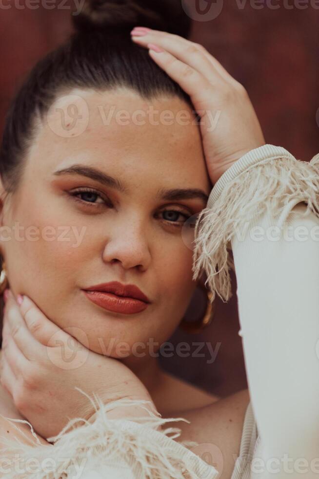 A close-up, unretouched portrait of a naturally beautiful young woman showcasing her authentic and unaltered facial features, capturing the essence of real beauty without any digital enhancements. photo