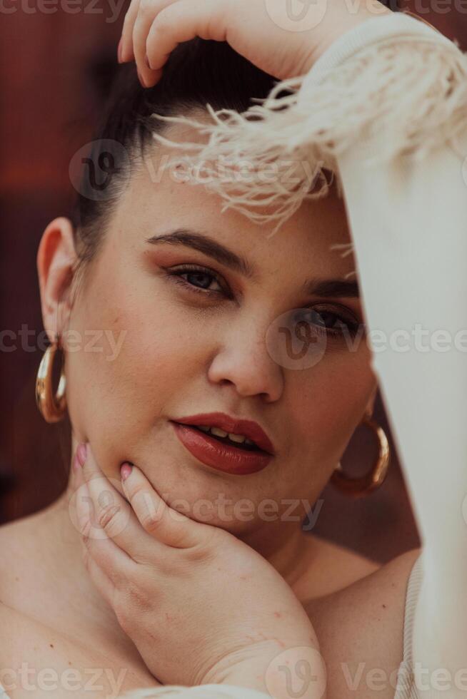 A close-up, unretouched portrait of a naturally beautiful young woman showcasing her authentic and unaltered facial features, capturing the essence of real beauty without any digital enhancements. photo