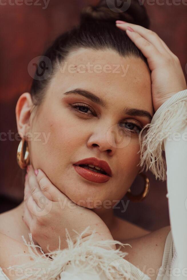 A close-up, unretouched portrait of a naturally beautiful young woman showcasing her authentic and unaltered facial features, capturing the essence of real beauty without any digital enhancements. photo