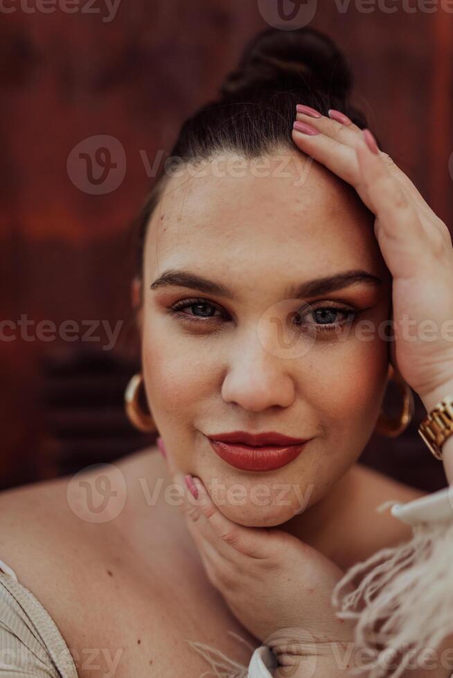 A close-up, unretouched portrait of a naturally beautiful young woman showcasing her authentic and unaltered facial features, capturing the essence of real beauty without any digital enhancements. photo