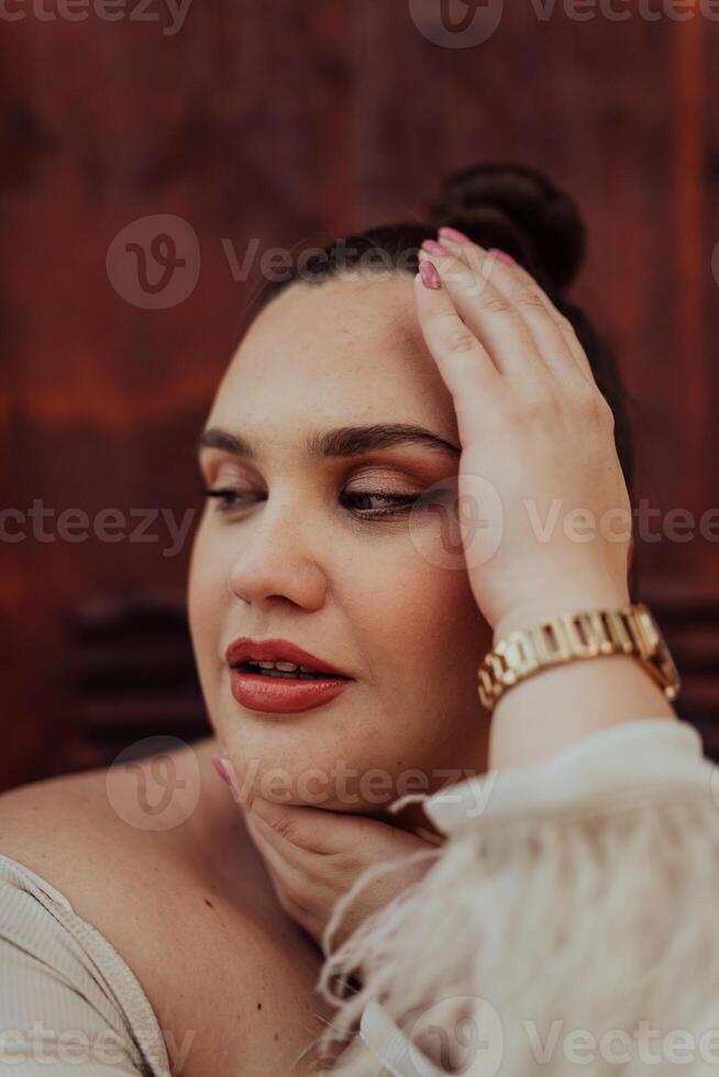A close-up, unretouched portrait of a naturally beautiful young woman showcasing her authentic and unaltered facial features, capturing the essence of real beauty without any digital enhancements. photo