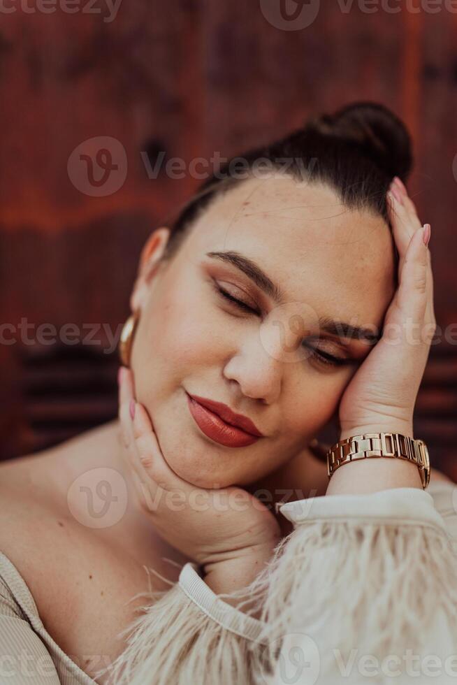 A close-up, unretouched portrait of a naturally beautiful young woman showcasing her authentic and unaltered facial features, capturing the essence of real beauty without any digital enhancements. photo