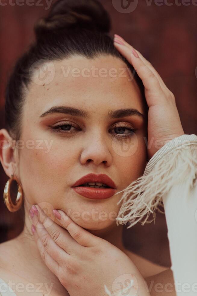A close-up, unretouched portrait of a naturally beautiful young woman showcasing her authentic and unaltered facial features, capturing the essence of real beauty without any digital enhancements. photo