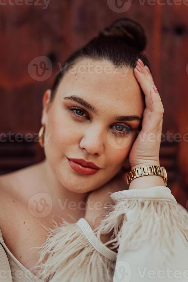 A close-up, unretouched portrait of a naturally beautiful young woman showcasing her authentic and unaltered facial features, capturing the essence of real beauty without any digital enhancements. photo
