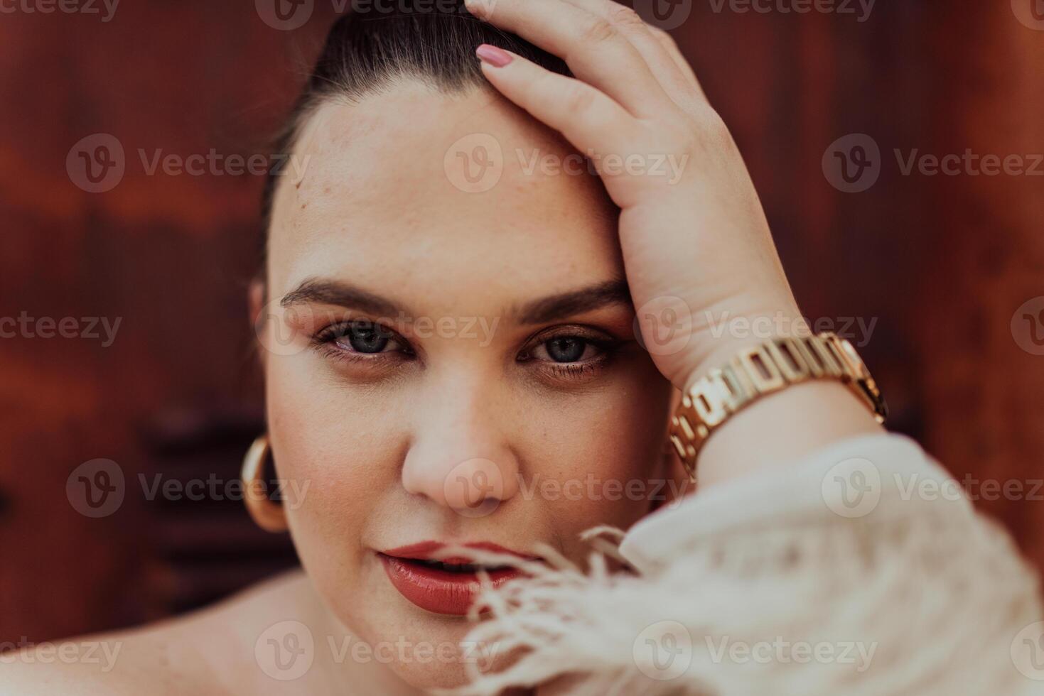 A close-up, unretouched portrait of a naturally beautiful young woman showcasing her authentic and unaltered facial features, capturing the essence of real beauty without any digital enhancements. photo