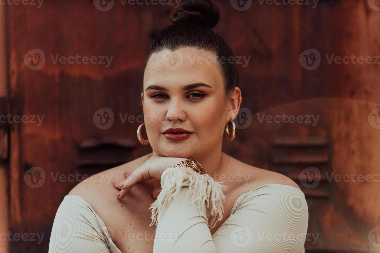 A close-up, unretouched portrait of a naturally beautiful young woman showcasing her authentic and unaltered facial features, capturing the essence of real beauty without any digital enhancements. photo