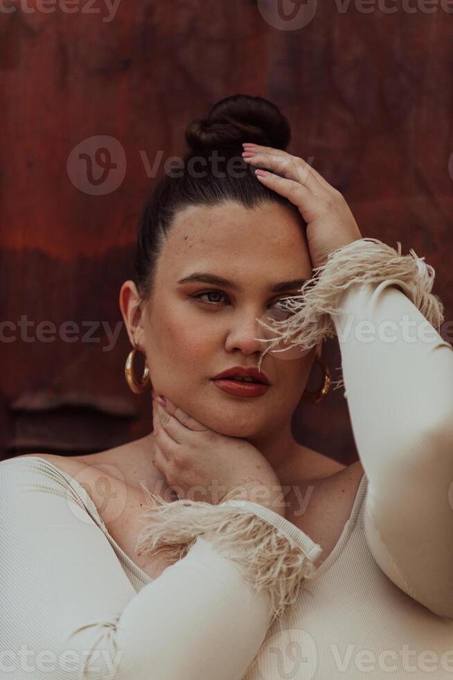 A close-up, unretouched portrait of a naturally beautiful young woman showcasing her authentic and unaltered facial features, capturing the essence of real beauty without any digital enhancements. photo