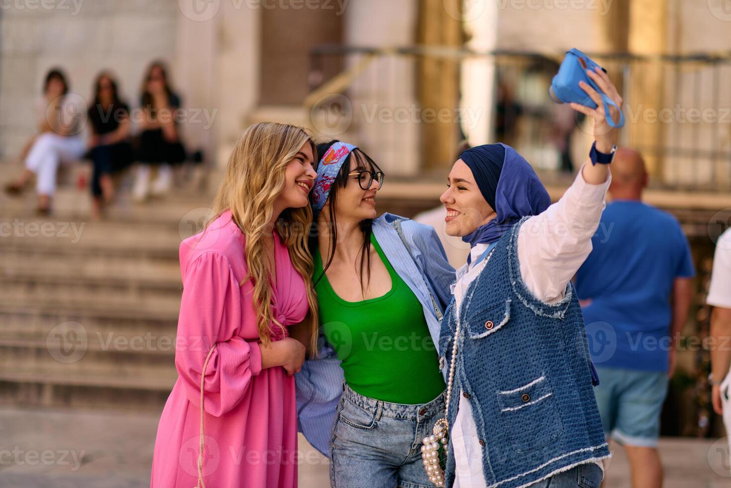 Adventurous Capture. Group of Tourists Exploring Iconic Landmarks photo