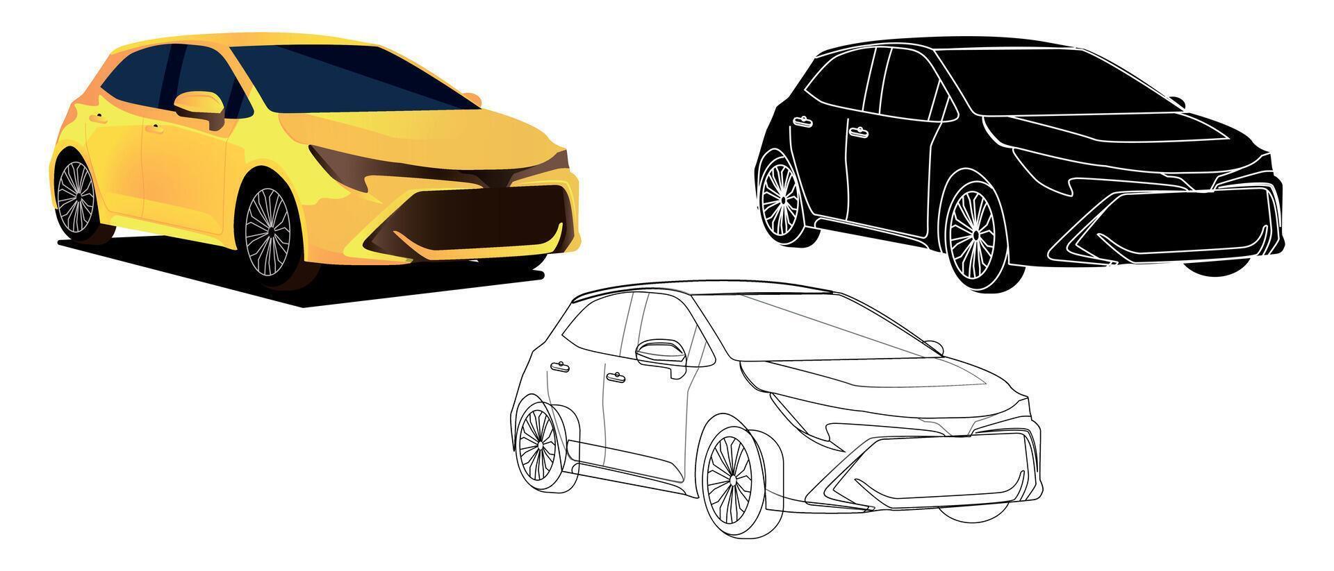 Yellow sedan car side view silhouette and line art vector
