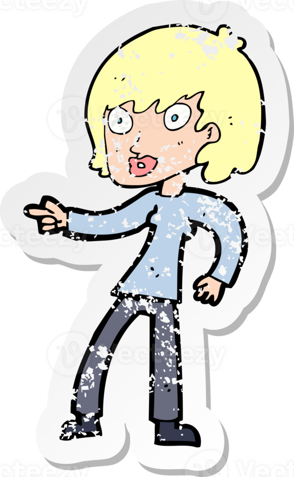 retro distressed sticker of a cartoon woman pointing drawing png