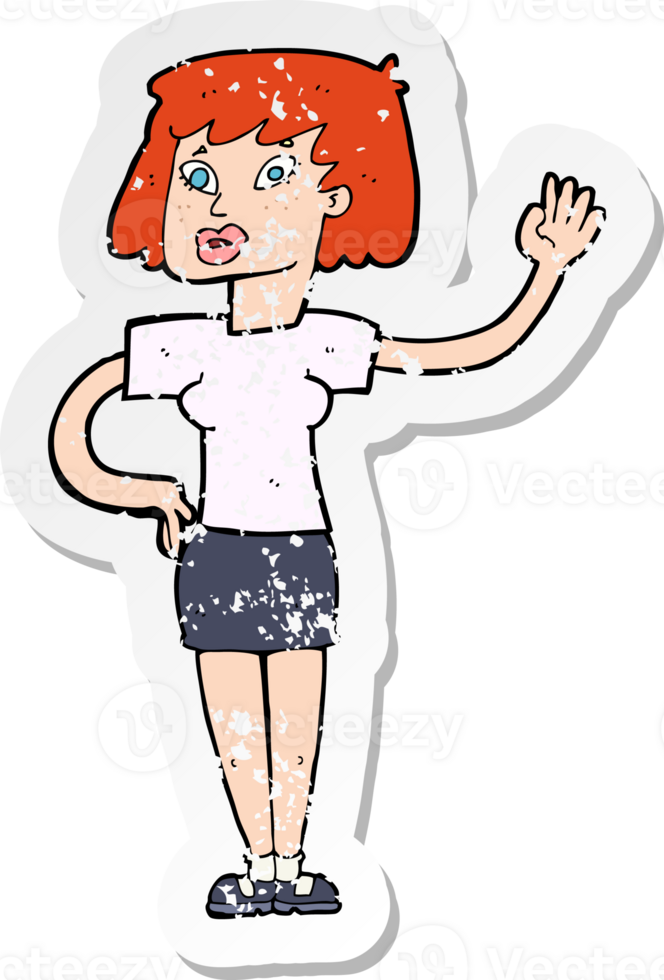 retro distressed sticker of a cartoon woman waving drawing png