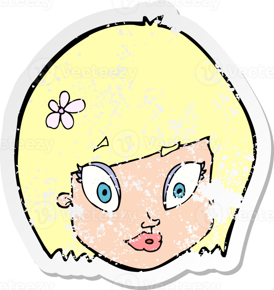retro distressed sticker of a cartoon happy female face drawing png