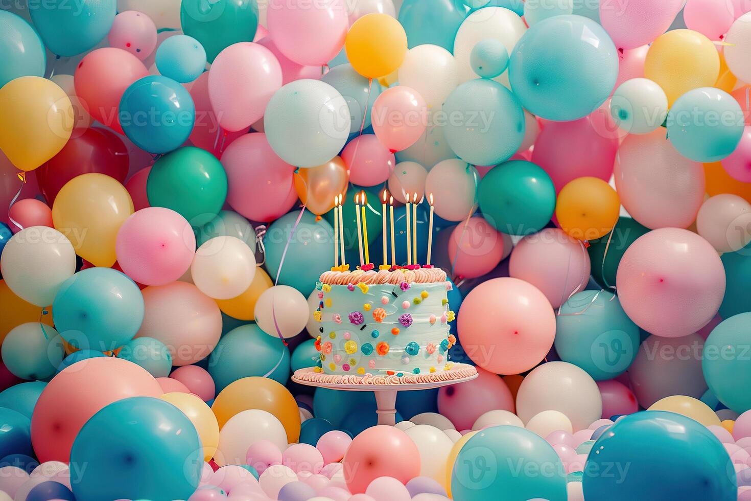 A colorful birthday party with a cake on a table photo