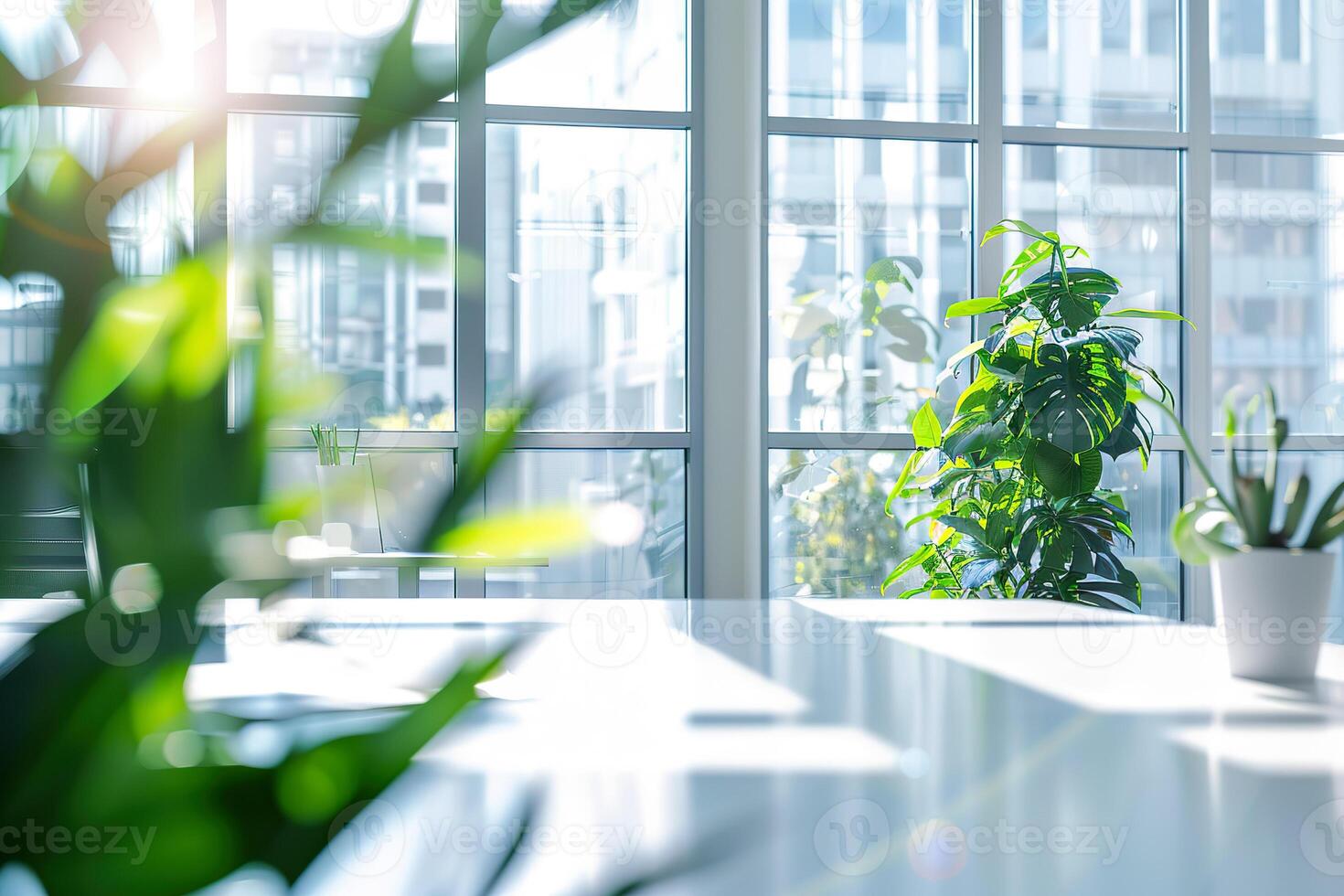 A potted plant sits on a table in front of a window photo