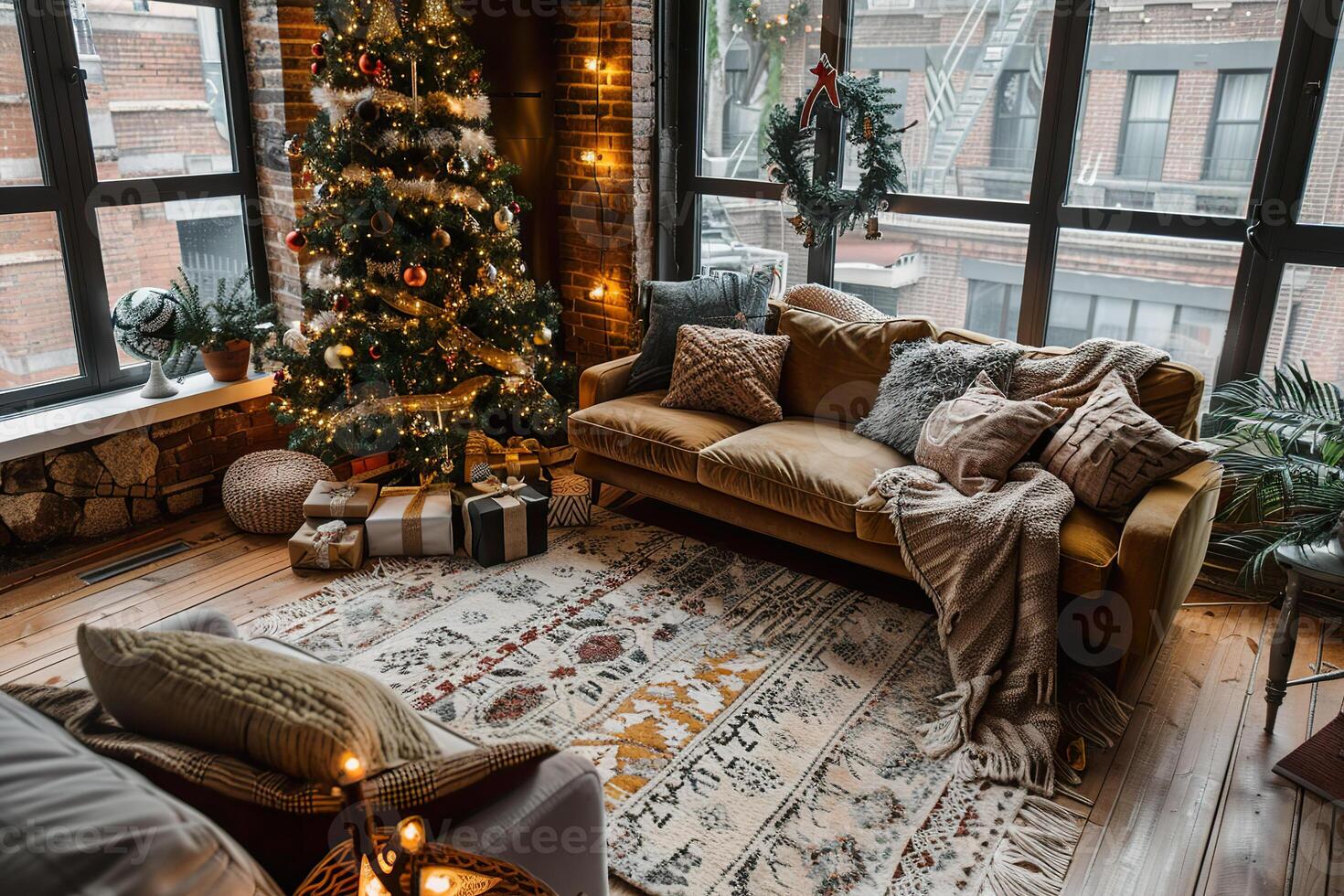 A cozy living room with a Christmas tree and a couch photo
