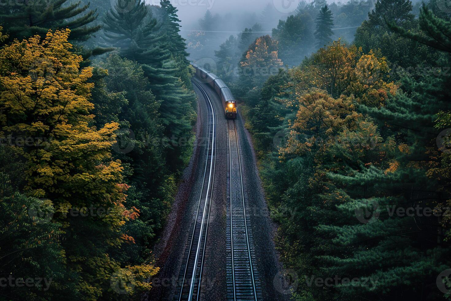 A red train is traveling down a track through a forest photo