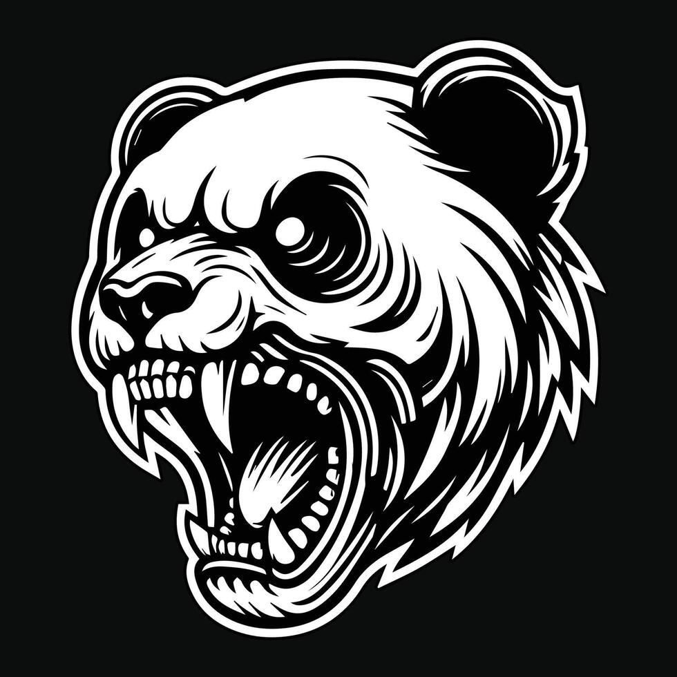 Dark Art Angry Skull Panda Head Black and White Illustration vector