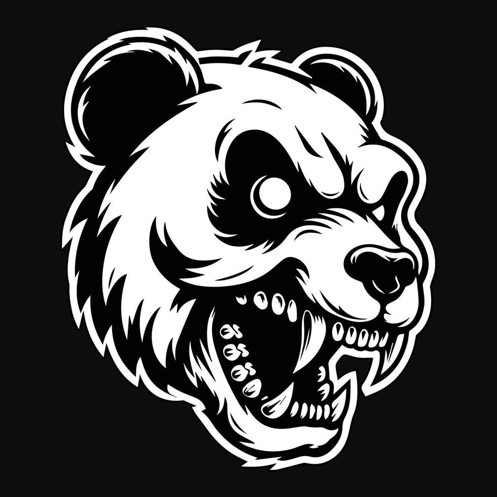 Dark Art Angry Skull Panda Head Black and White Illustration vector