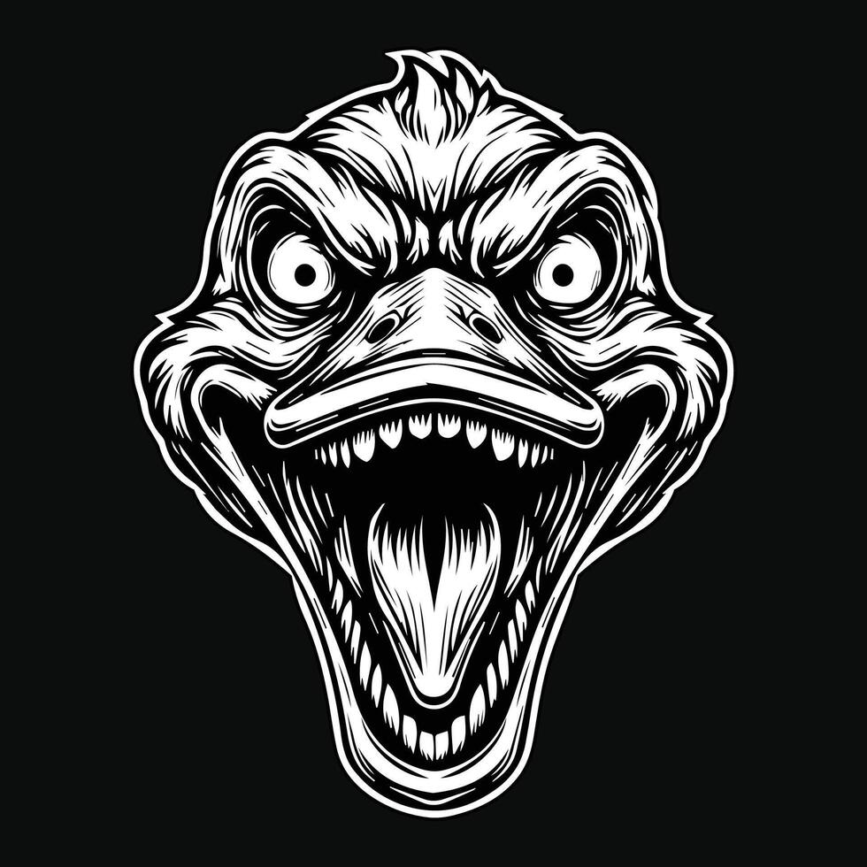 Dark Art Scary Duck Head with Sharp Teeth Black White Illustration vector