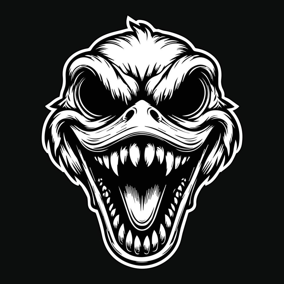 Dark Art Scary Duck Head with Sharp Teeth Black White Illustration vector