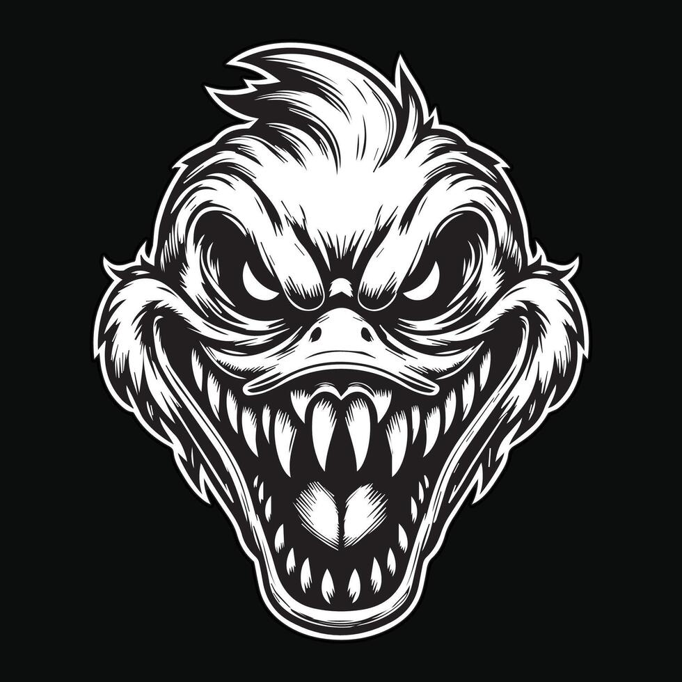 Dark Art Scary Duck Head with Sharp Teeth Black White Illustration vector