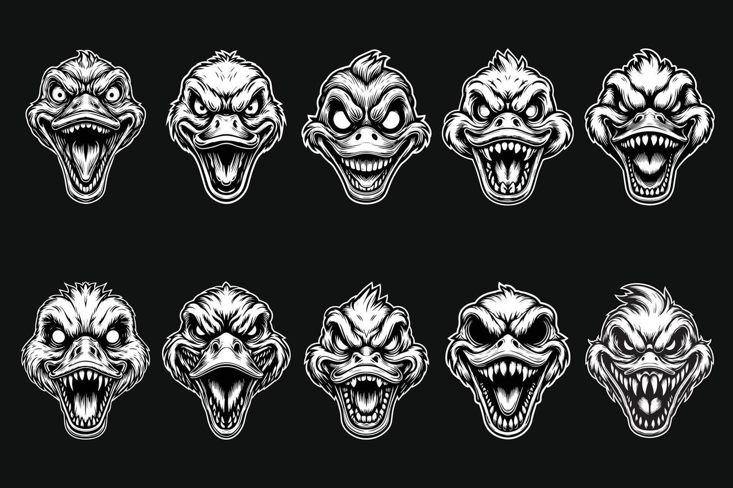 Dark Art Scary Duck Head with Sharp Teeth Black White Illustration vector
