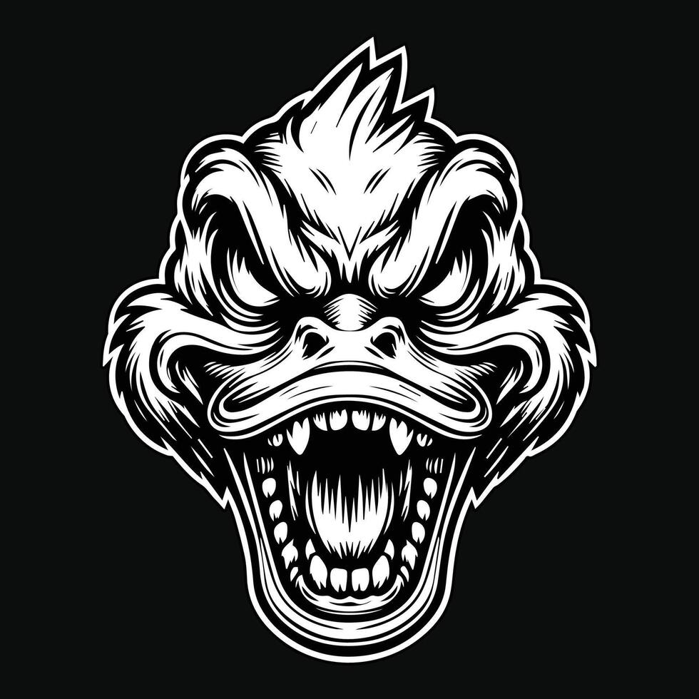 Dark Art Scary Duck Head with Sharp Teeth Black White Illustration vector