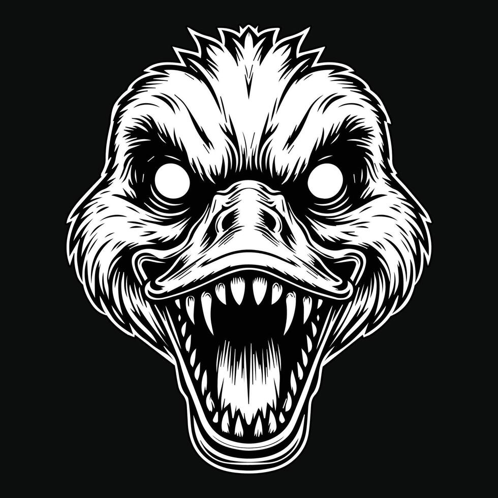 Dark Art Scary Duck Head with Sharp Teeth Black White Illustration vector