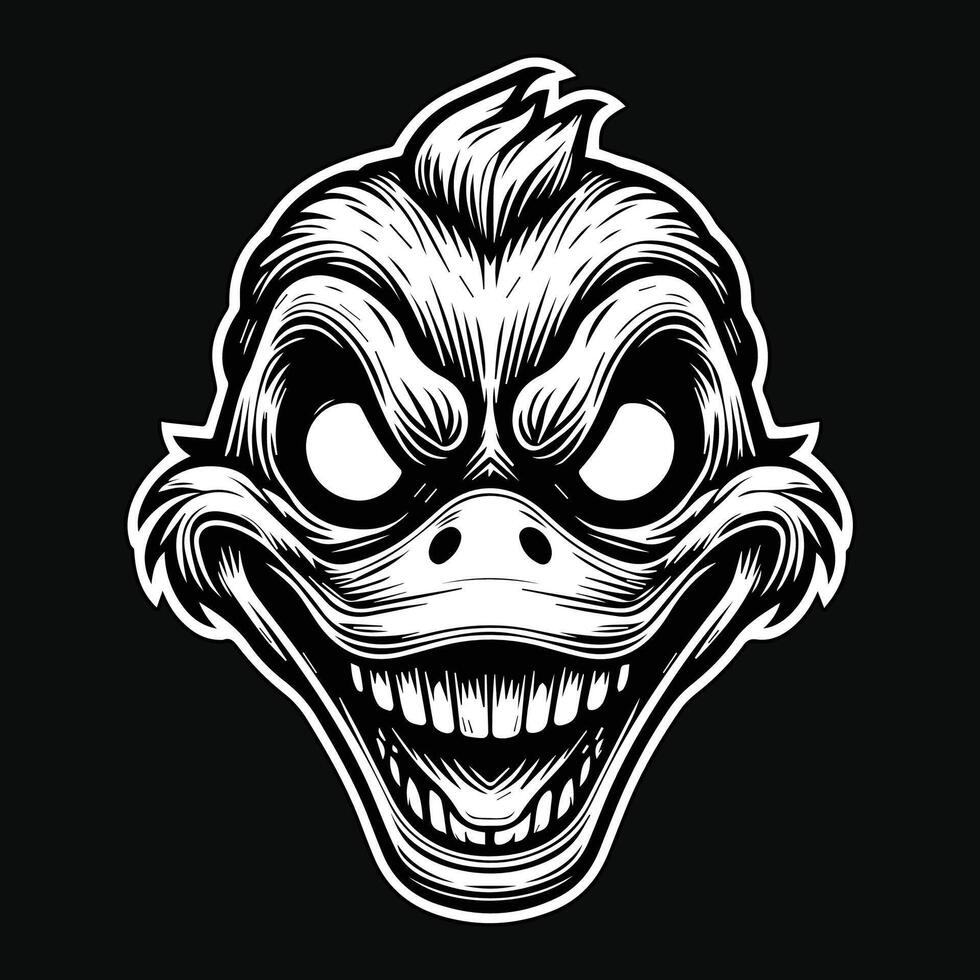 Dark Art Scary Duck Head with Sharp Teeth Black White Illustration vector