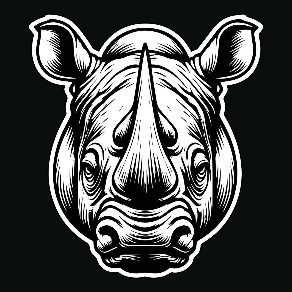 Dark Art Wild Rhino Head with Sharp Horn Black and White Illustration vector
