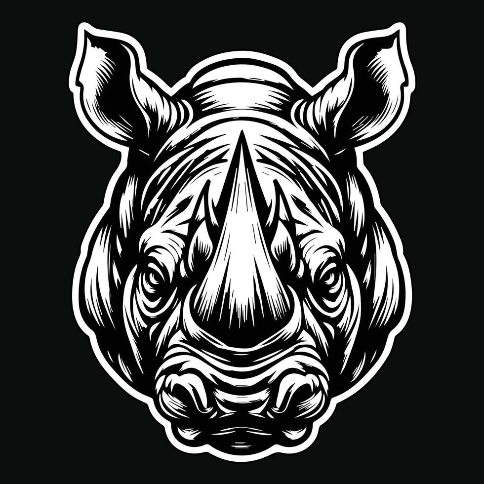 Dark Art Wild Rhino Head with Sharp Horn Black and White Illustration vector