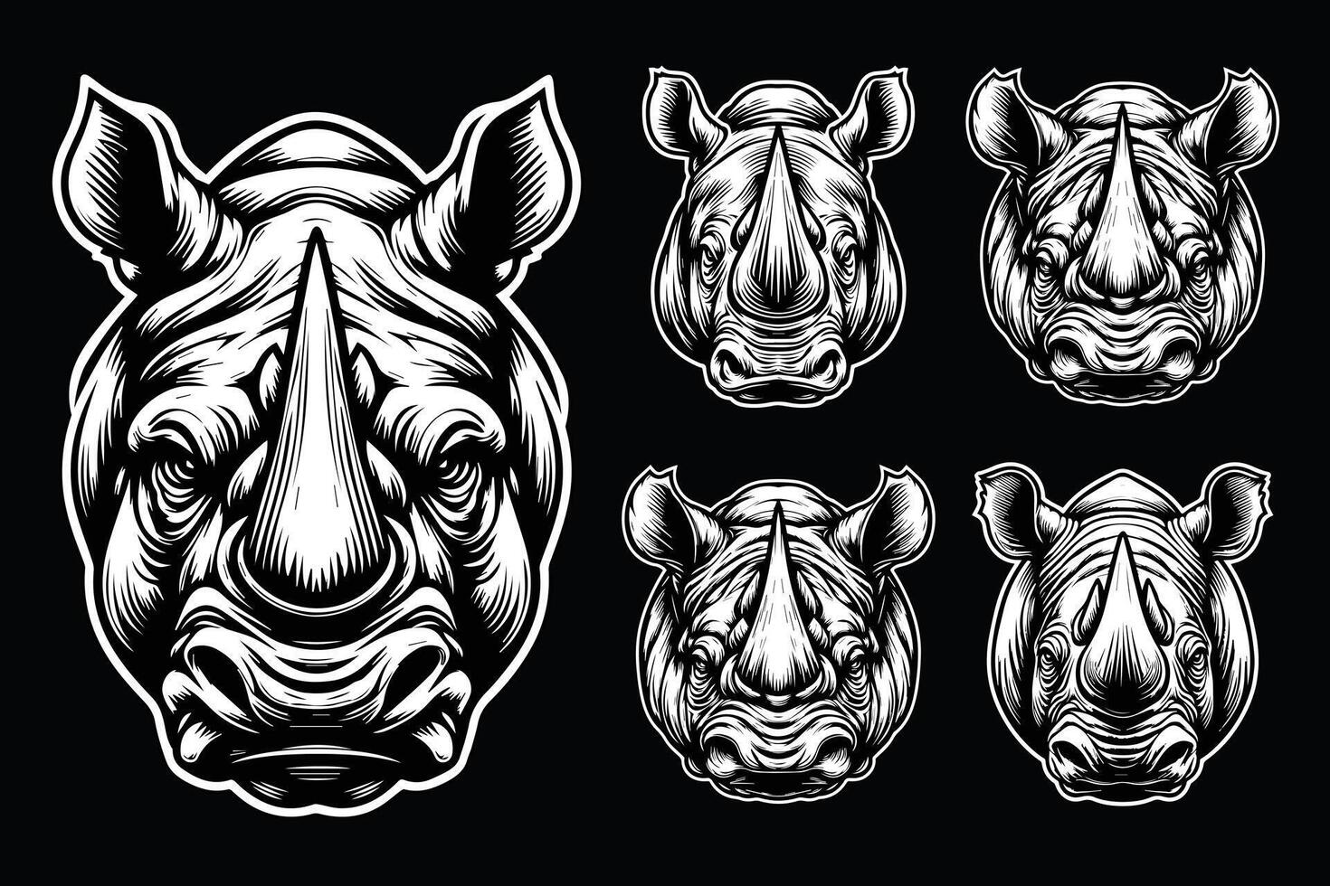 Dark Art Wild Rhino Head with Sharp Horn Black and White Illustration vector