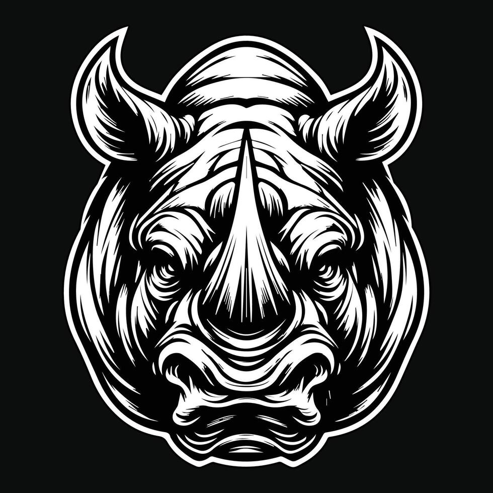 Dark Art Wild Rhino Head with Sharp Horn Black and White Illustration vector
