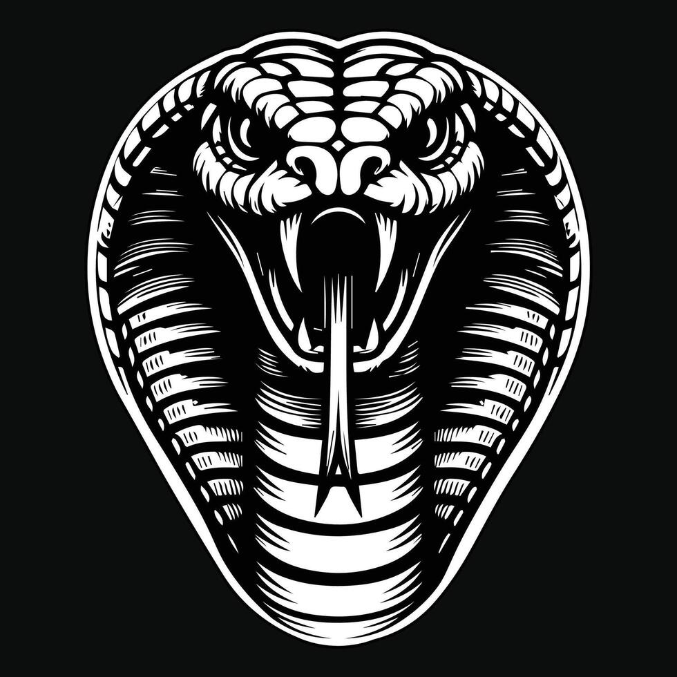 Dark Art Angry Cobra Snake Beast Head Black and White Illustration vector