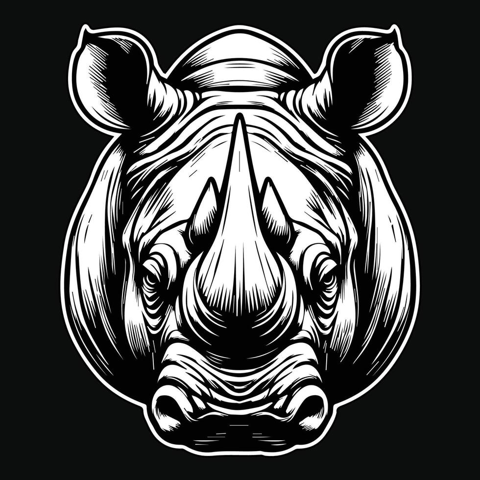 Dark Art Wild Rhino Head with Sharp Horn Black and White Illustration vector