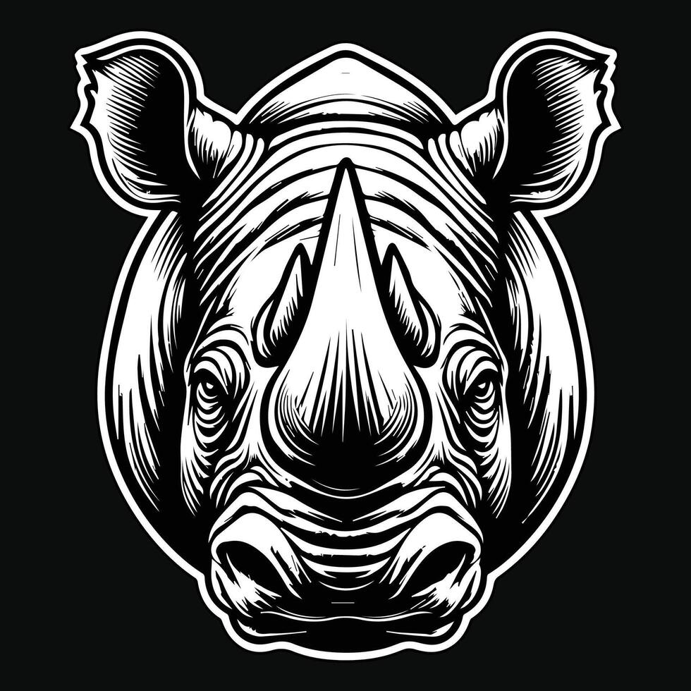 Dark Art Wild Rhino Head with Sharp Horn Black and White Illustration vector