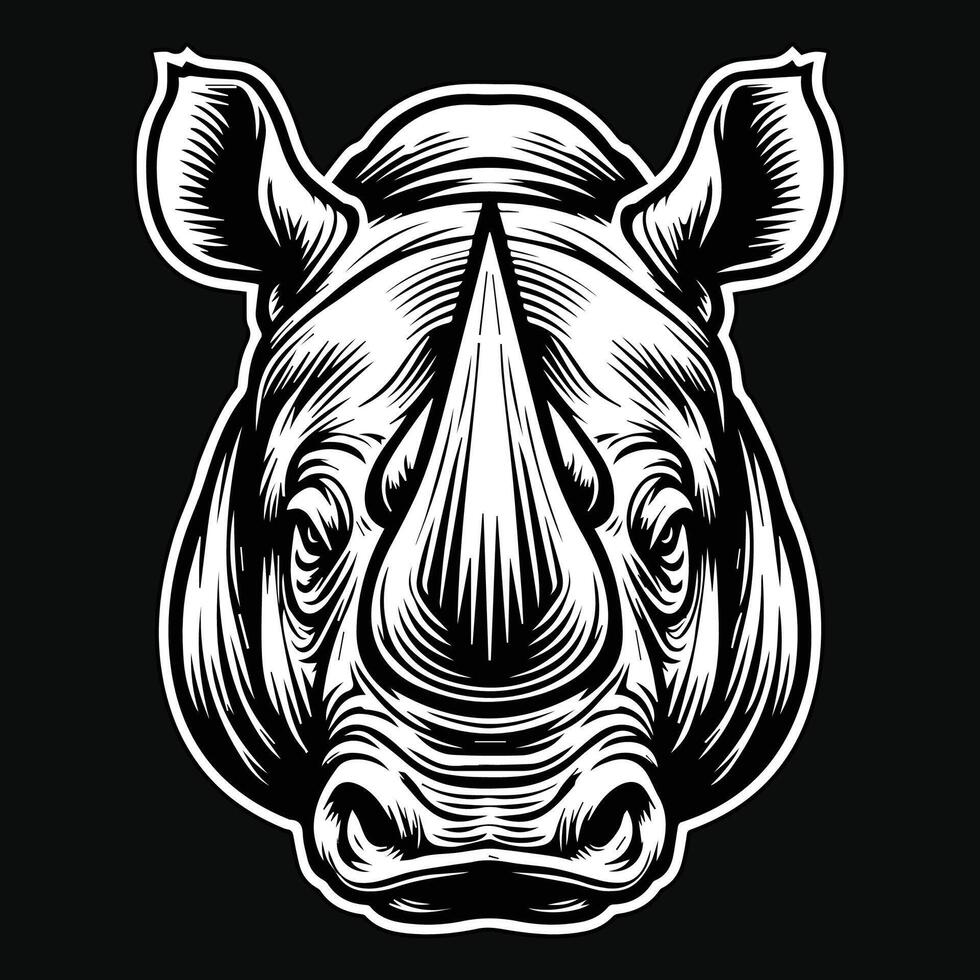 Dark Art Wild Rhino Head with Sharp Horn Black and White Illustration vector