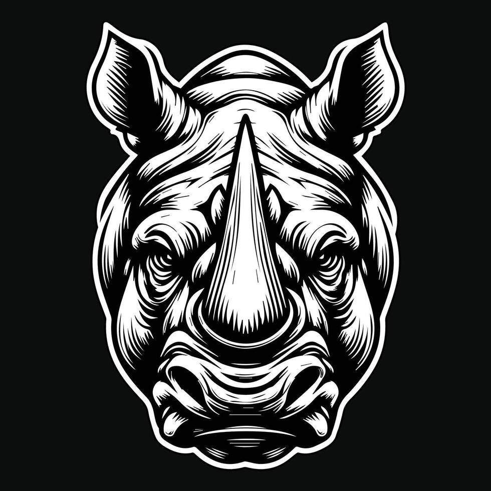 Dark Art Wild Rhino Head with Sharp Horn Black and White Illustration vector