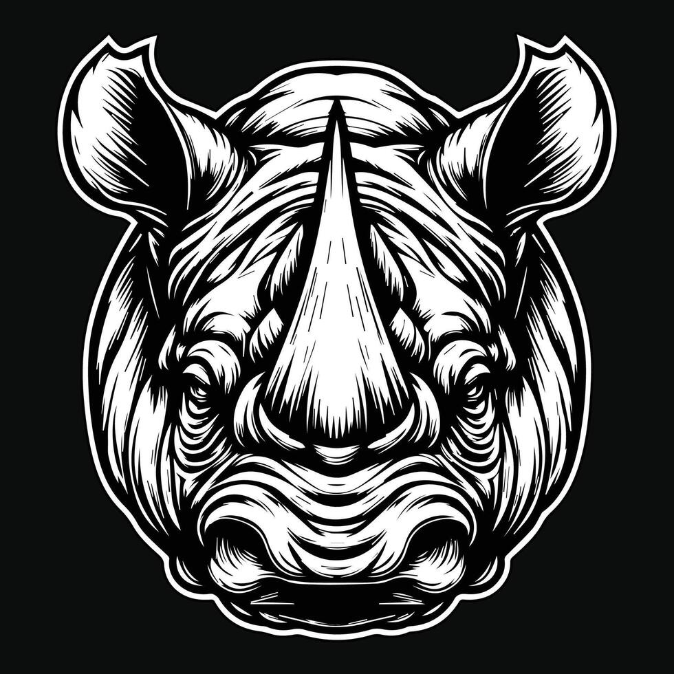 Dark Art Wild Rhino Head with Sharp Horn Black and White Illustration vector