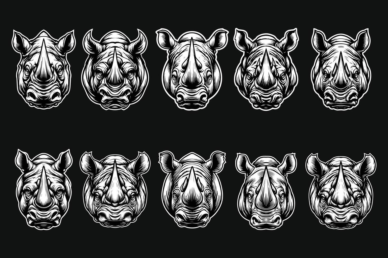Dark Art Wild Rhino Head with Sharp Horn Black and White Illustration vector