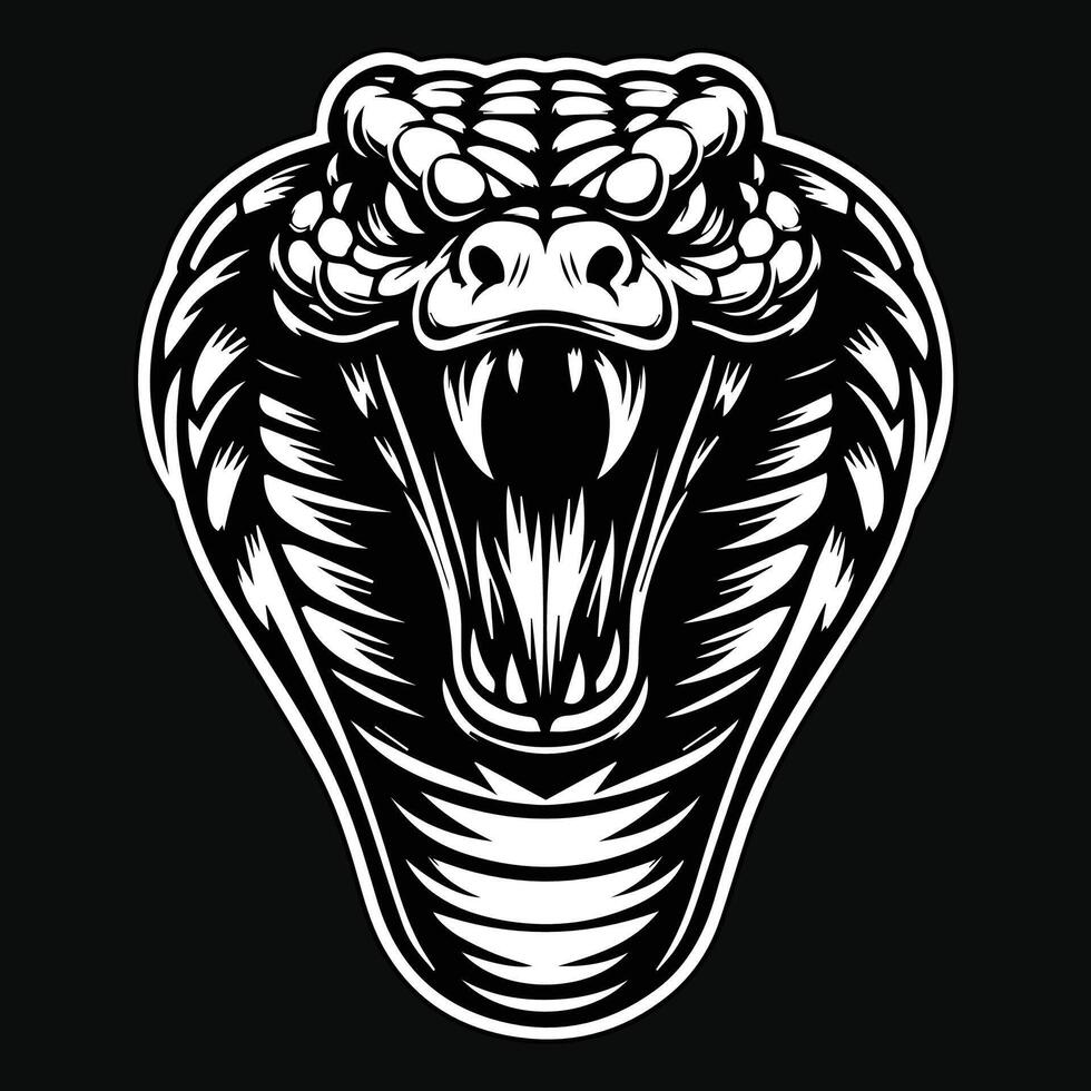 Dark Art Angry Cobra Snake Beast Head Black and White Illustration vector