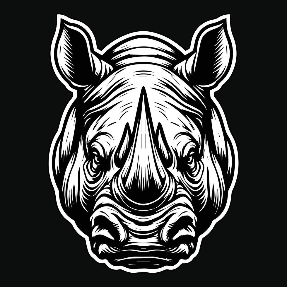 Dark Art Wild Rhino Head with Sharp Horn Black and White Illustration vector