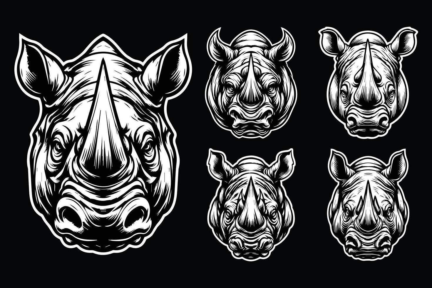 Dark Art Wild Rhino Head with Sharp Horn Black and White Illustration vector