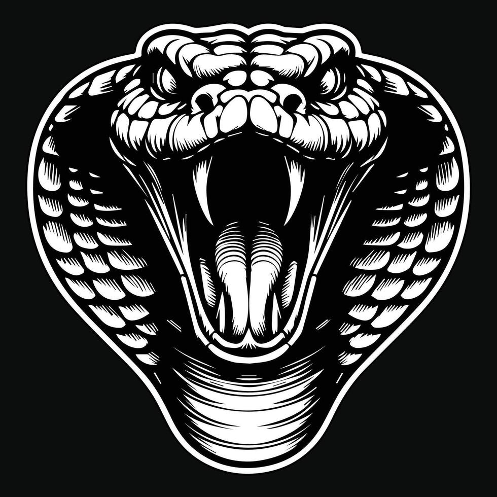 Dark Art Angry Cobra Snake Beast Head Black and White Illustration vector