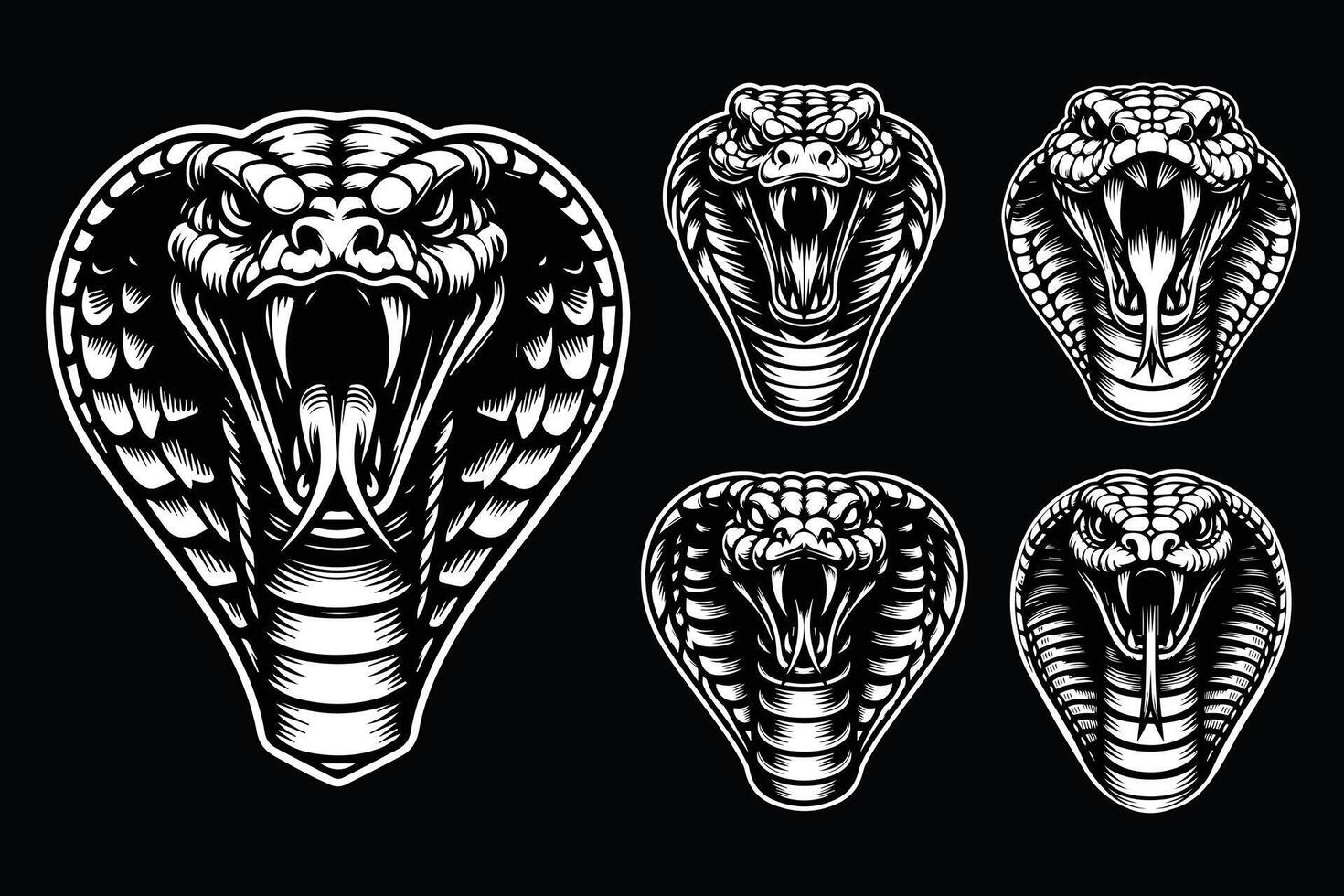 Dark Art Angry Cobra Snake Beast Head Black and White Illustration vector