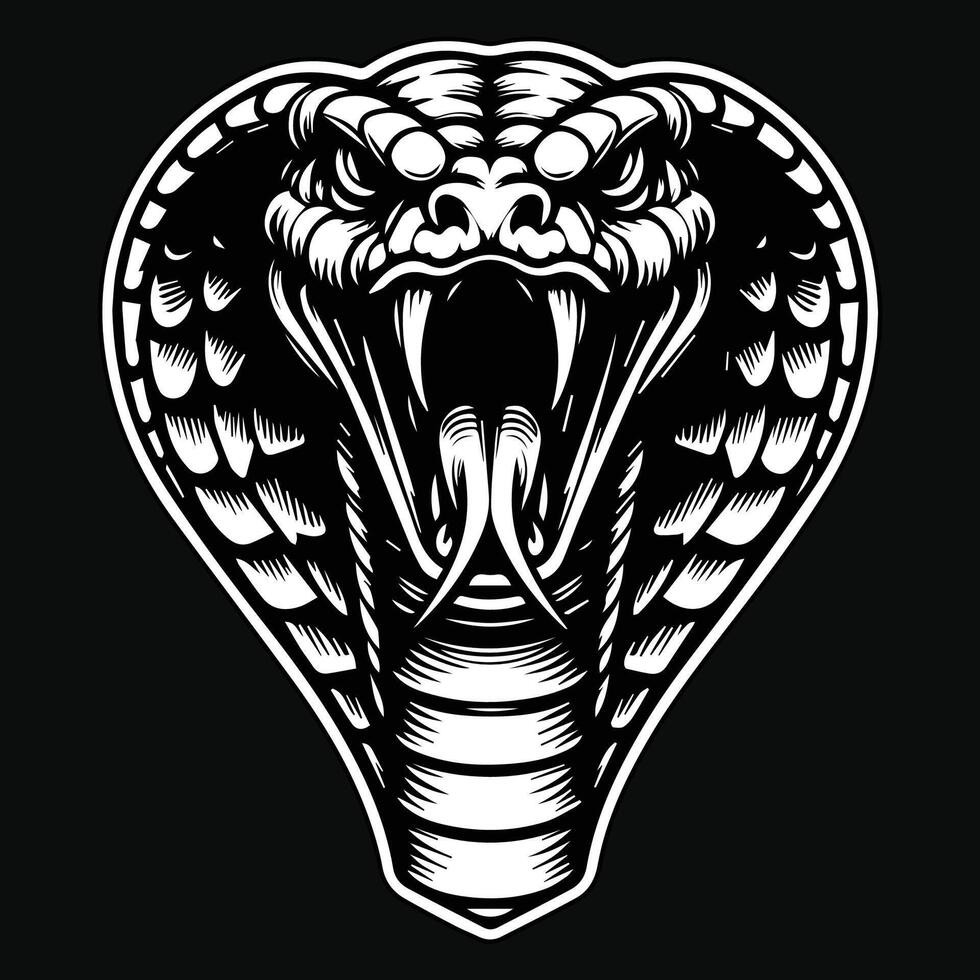 Dark Art Angry Cobra Snake Beast Head Black and White Illustration vector