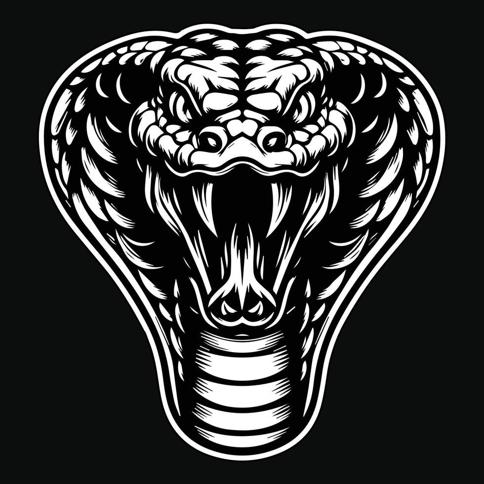 Dark Art Angry Cobra Snake Beast Head Black and White Illustration vector