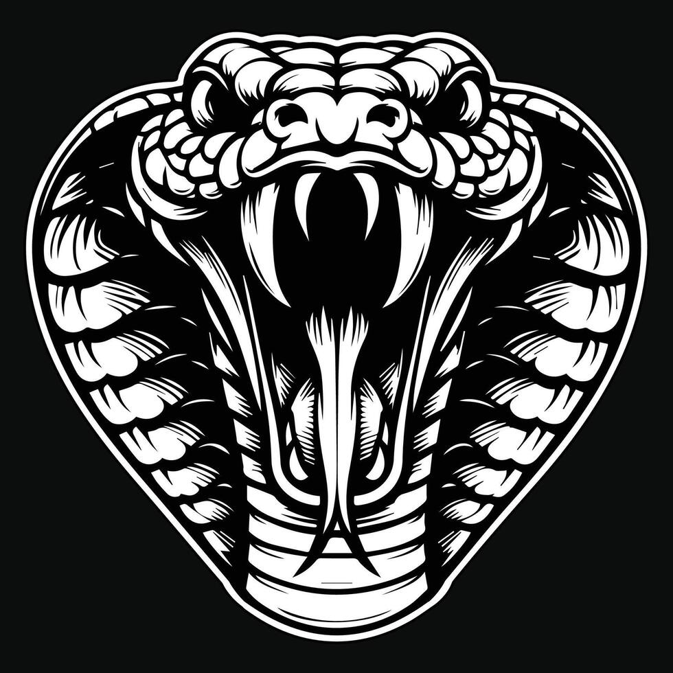 Dark Art Angry Cobra Snake Beast Head Black and White Illustration vector
